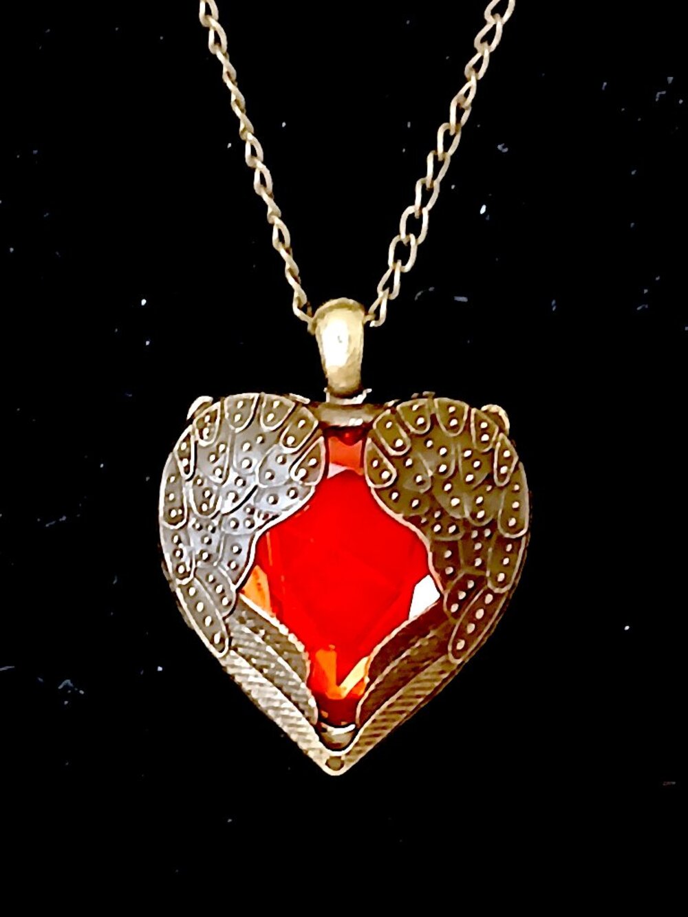 Gold Tone Red Heart Rhinestone Necklace and Stud Earrings – Vintage Style